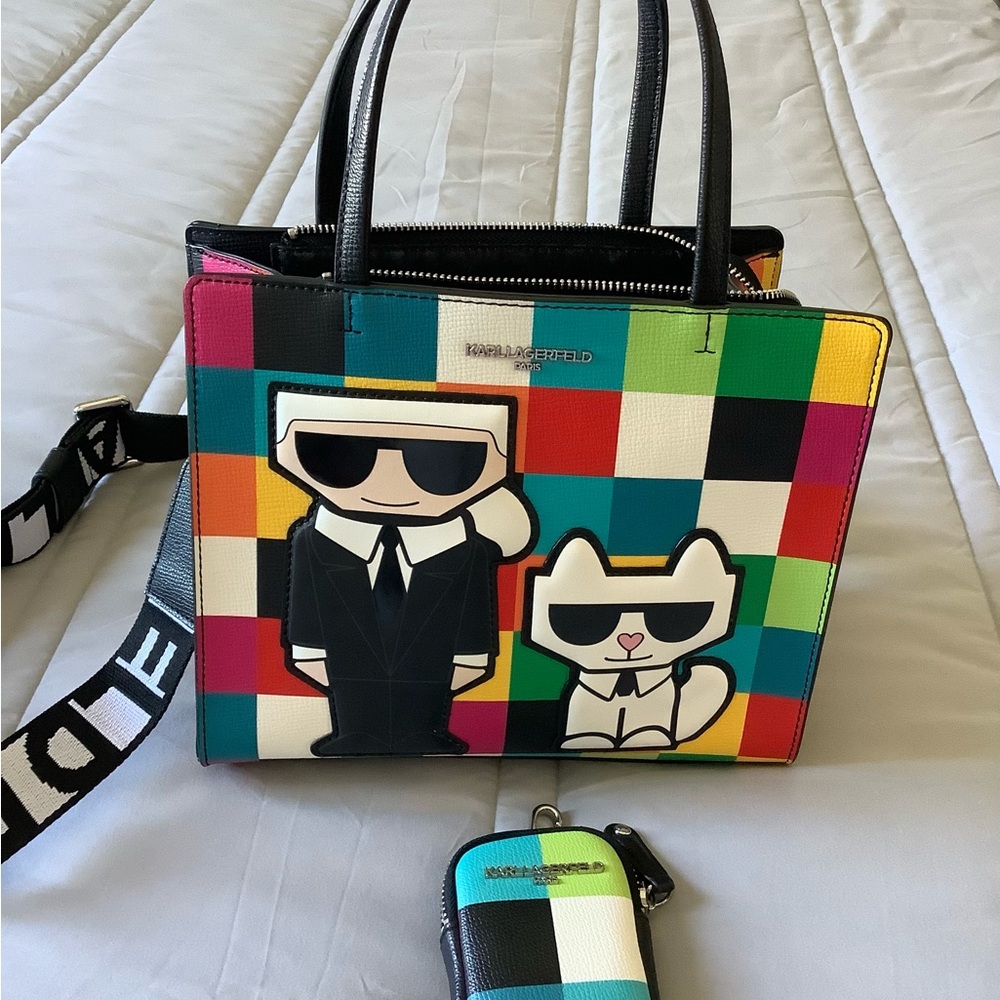Karl Lagerfeld Colorful Checkered Tote with Cartoon Motif